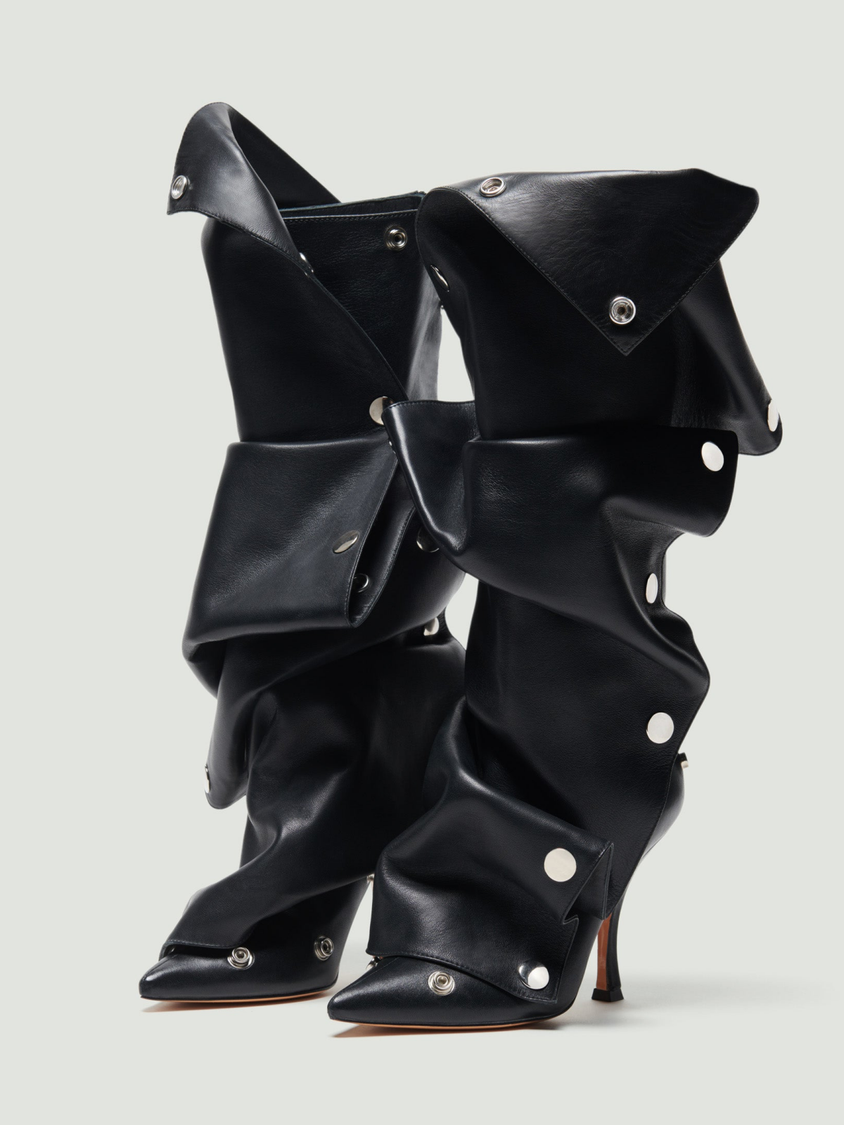 Taafo Black Pointed-Toe Detachable Snap Panel Full-Zip Mid Calf Stiletto Boots