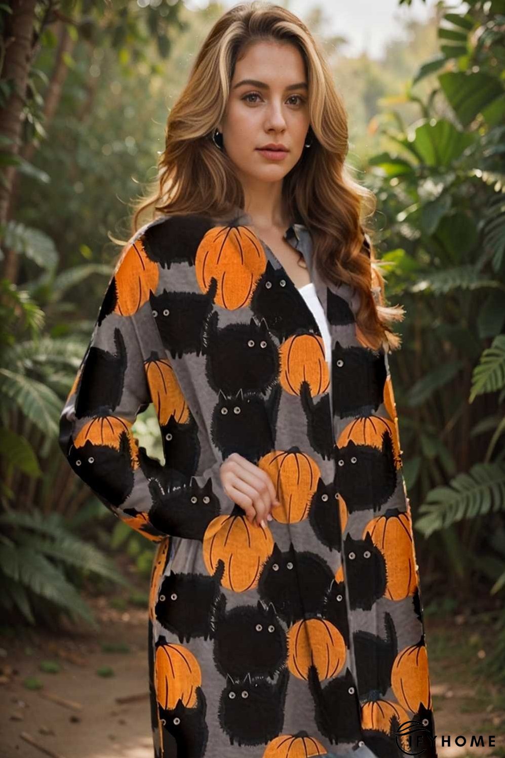 plus size halloween coat women s pus allover cat pumpkin print long sleeve open front medium stretch cardigan overcoat | IFYHOME