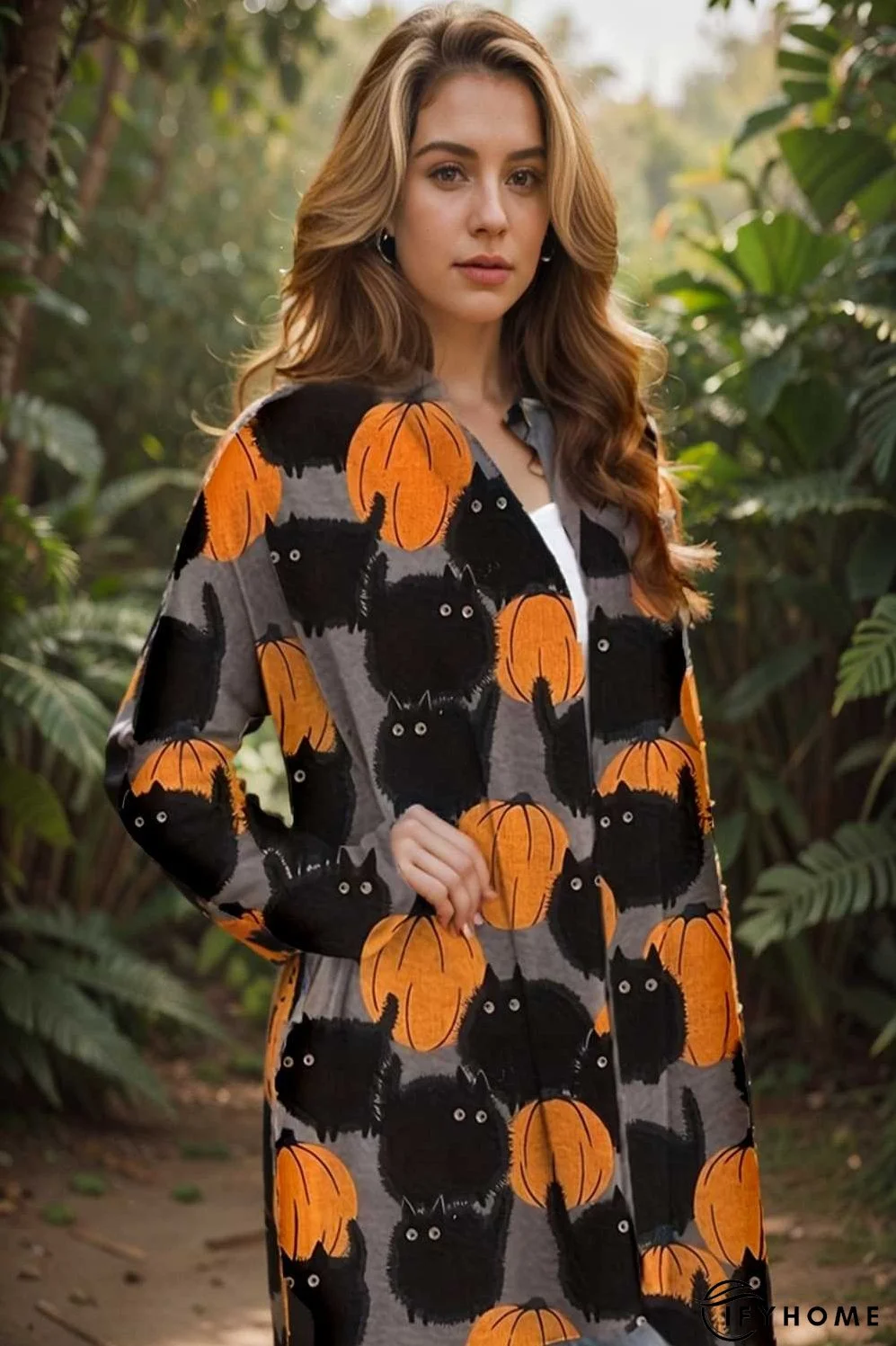 plus size halloween coat women s pus allover cat pumpkin print long sleeve open front medium stretch cardigan overcoat | IFYHOME