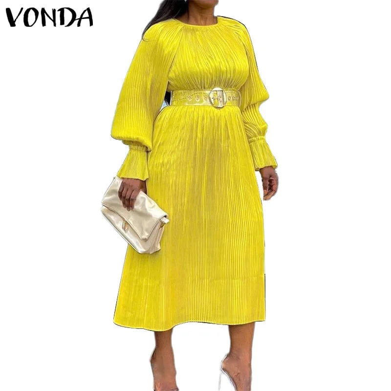 Women Solid Dress VONDA Women Long Sleeve O Neck Party Dresses High Waist Pleated Robes Loose Office Formal A-Lined Vestidos