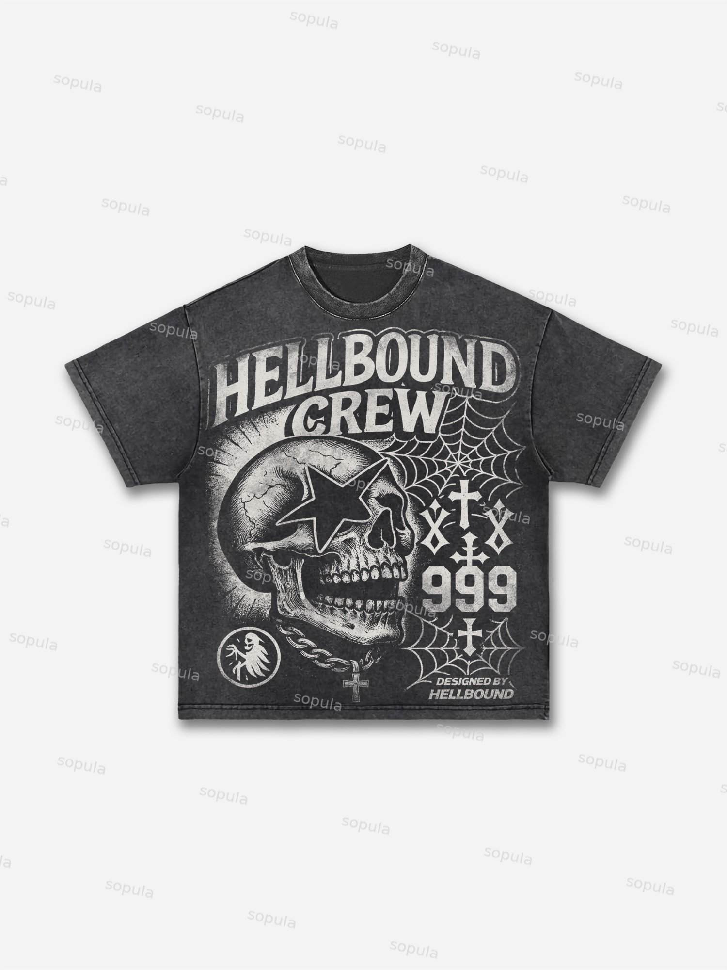 Hellbound Crew Vintage Skull Graphic Acid Wash T-shirt - Sopula｜Premium Graphic Tees & Graphic Clothing