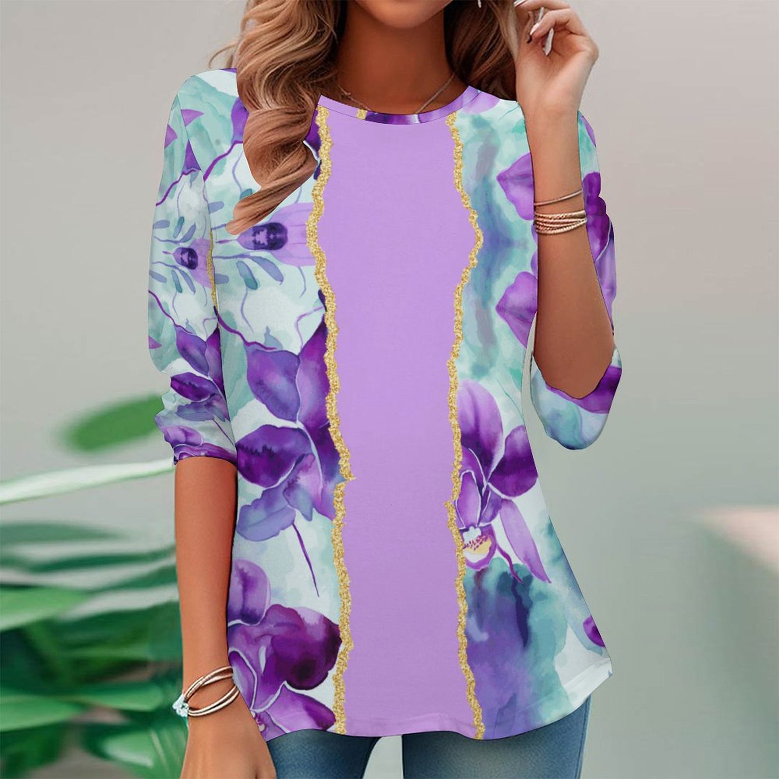 Women Long Sleeve V-neck Graphic Floral Printed Top
