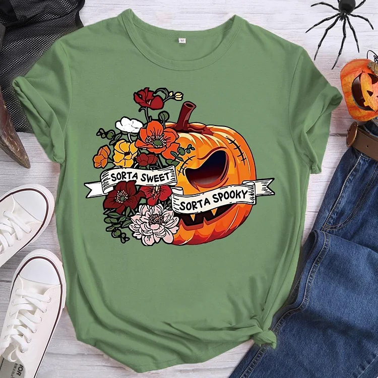 Halloween Pumpkin Flower Round Neck T-shirt-0018574