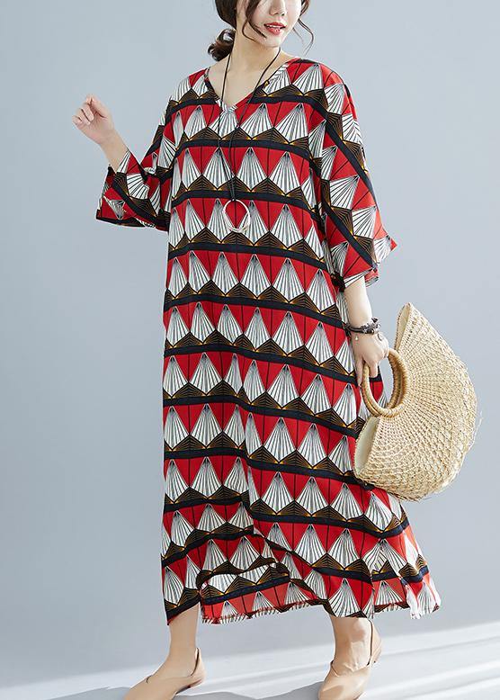 VCSHOES red prints cotton tunic pattern Mom Photography v neck Traveling summer Dresses