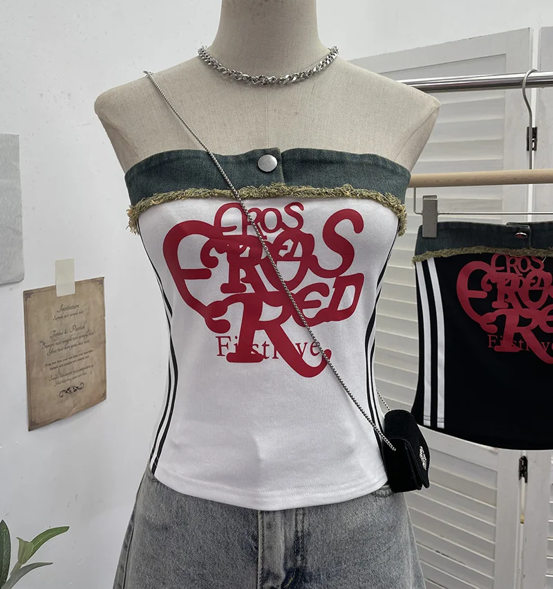 Nigikala Nigikala Shooting Cowboy Splicing Braid Vest Babes Letter Graffiti Printing Short Sleeveless Outside Wear 8927