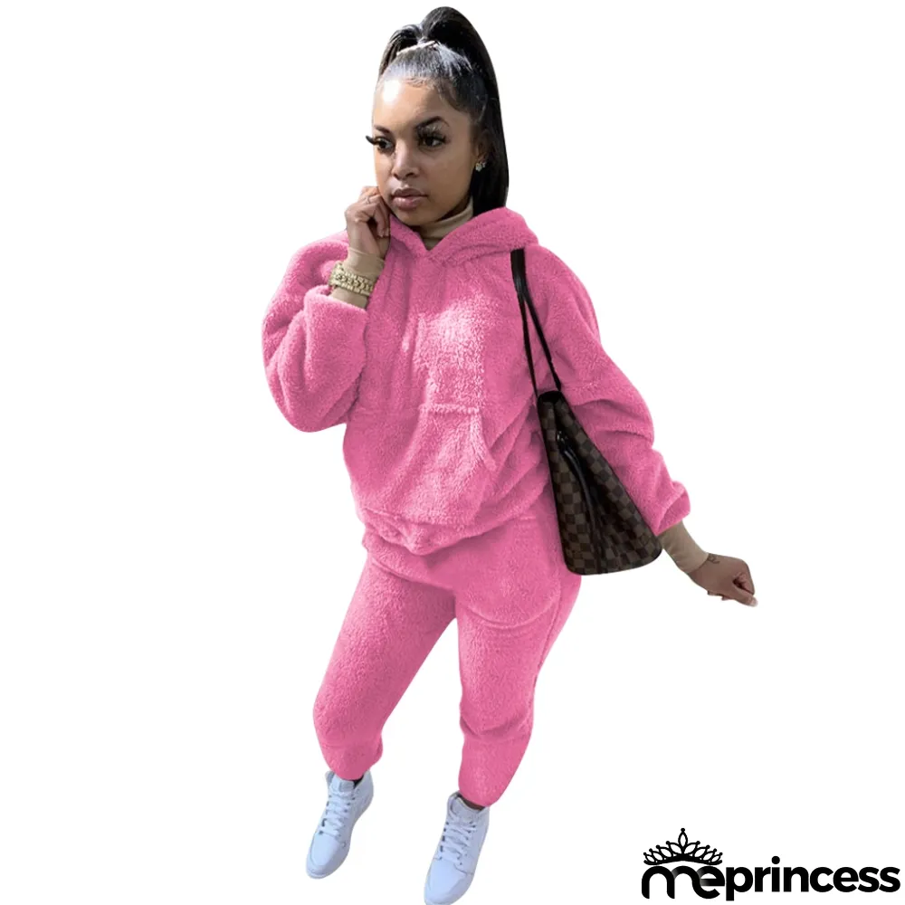 Winter Matching Two Piece Solid Color Plush Hoodie Sweatsuit