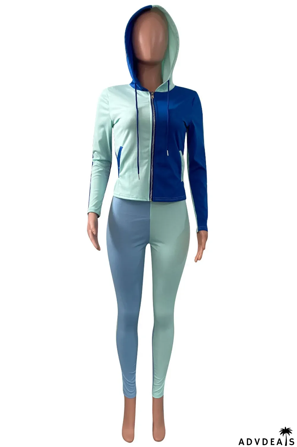 Deep Blue Casual Solid Split Joint Zipper Hooded Collar Long Sleeve Two Pieces