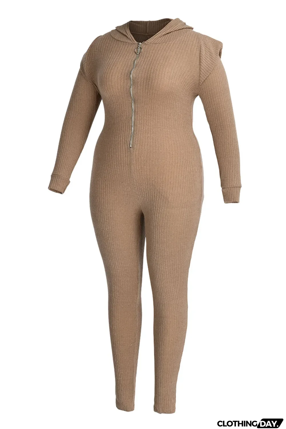 Khaki Casual Solid Split Joint Zipper Hooded Collar Plus Size Jumpsuits