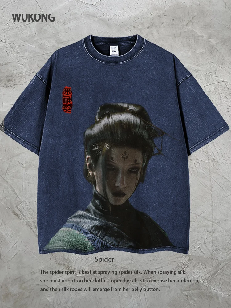 Unisex Retro Washed Journey to the West Culture Spider Printed Short Sleeve T-shirt