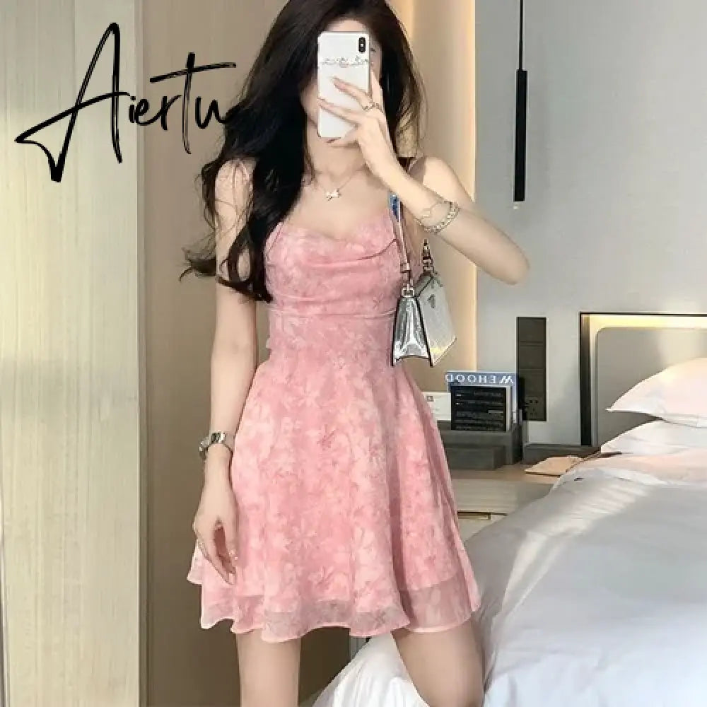 Aiertu Y2K Pink Romantic Floral Spaghetti Slip Dress Women  Summer Slim Elastic High Waist Party Club Mini Dresses Aiertu