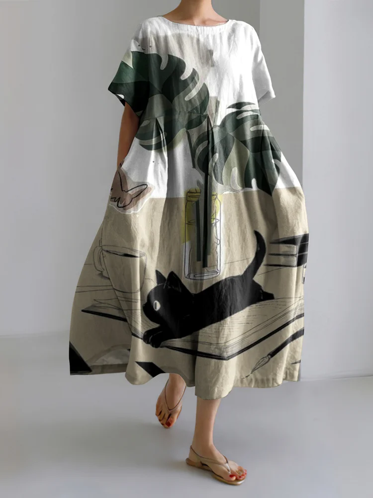 Abstract Creative Cute Black Cat Painting Art Linen Blend Dress