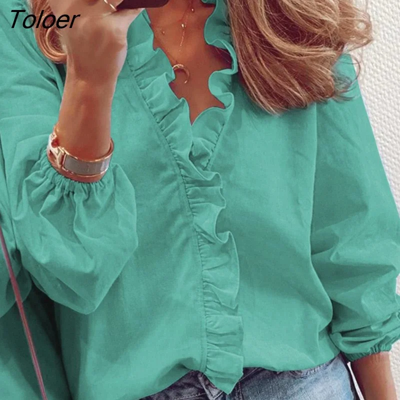 Toloer Ladies Shirt Vintage Ruffle Long Sleeves Slim Fit Solid Color Women Shirt Elegant Office Lady Blouse
