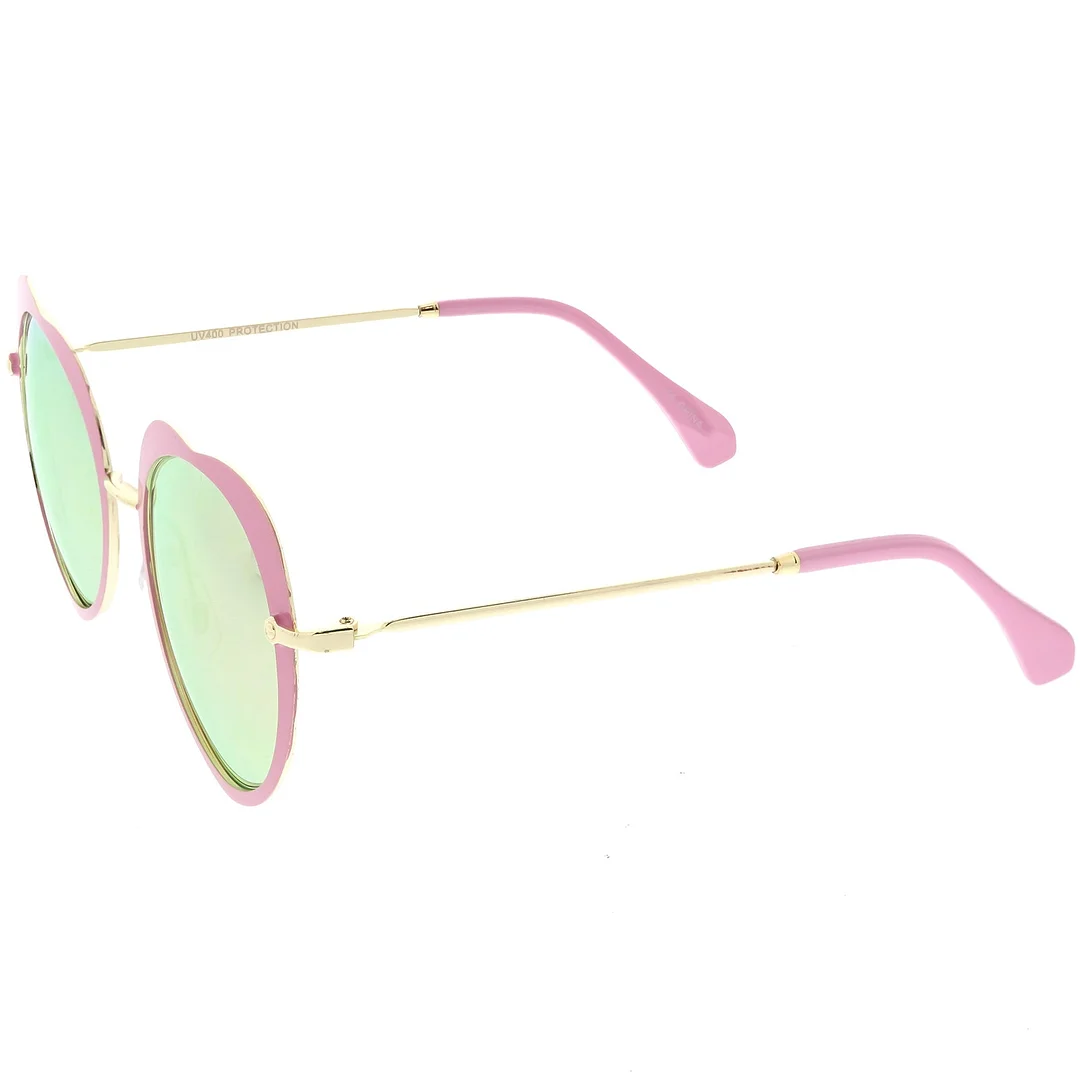 Women's Unique Heart glasses Thin Metal Arms Round Color Mirrored Lens 54mm