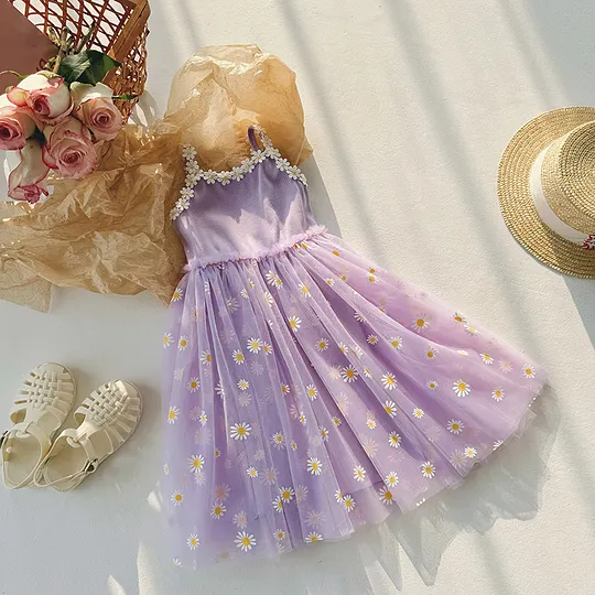 【18M-7Y】Girls' Daisy Flower Tulle Camisole Dress