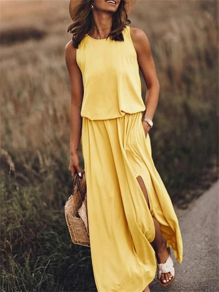 Spring and Summer New European Women's Round Neck Sleeveless Dress Open Solid Color Casual Commuter Long Dress