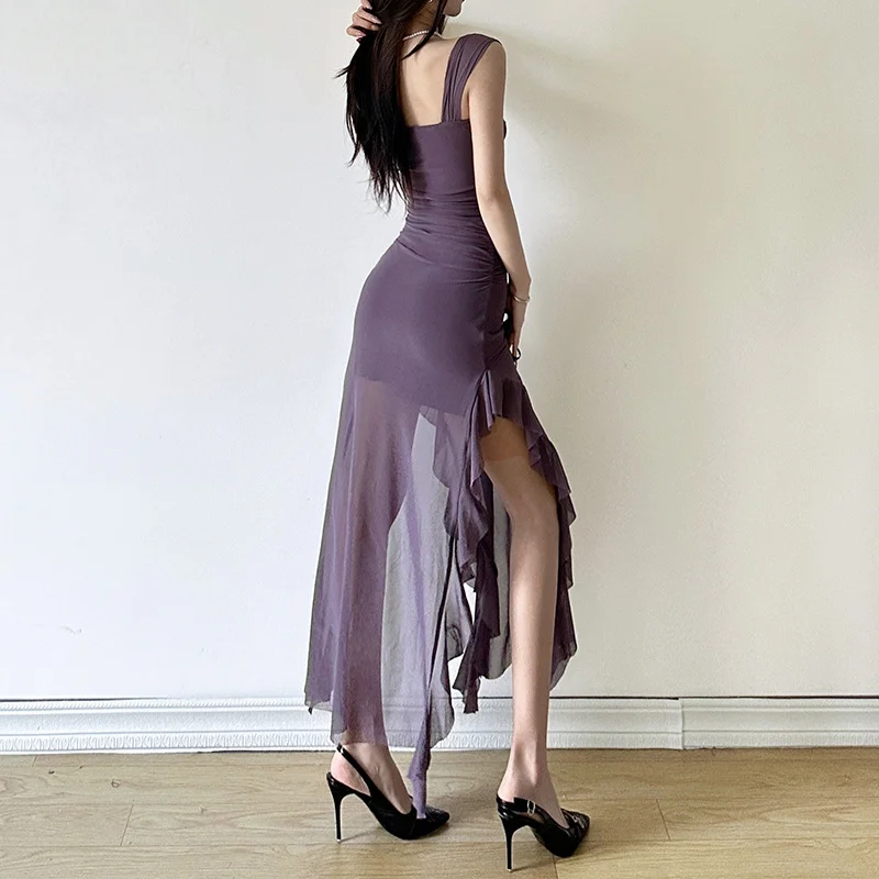 Uveng Spring 2024 New Women's Sexy Babes Sling With Chest Open Fork And Hips Long Dress