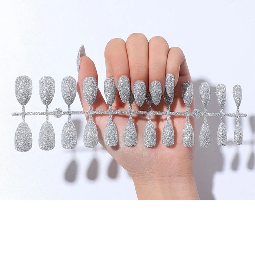 24Pcs Shiny Glitter Detachable False Nails Long Ballerina Pink Wearable Fake Nails Full Cover False Nail Tips with glue design