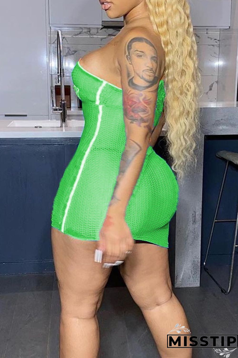 Green Fashion Sexy Print Backless One Shoulder Sleeveless Dress