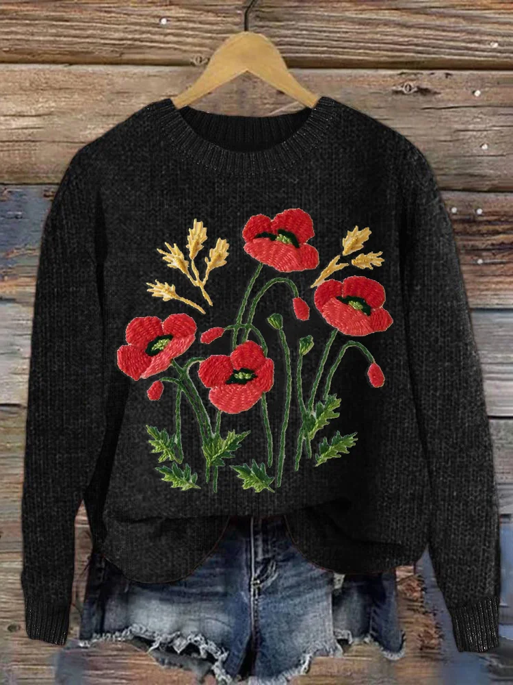 VChics Poppy Flower Embroidery Art Cozy Knit Sweater