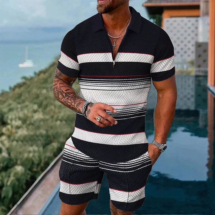 Broswear Irregular Stripe Stitching Print Polo Shirt And Shorts Co-Ord