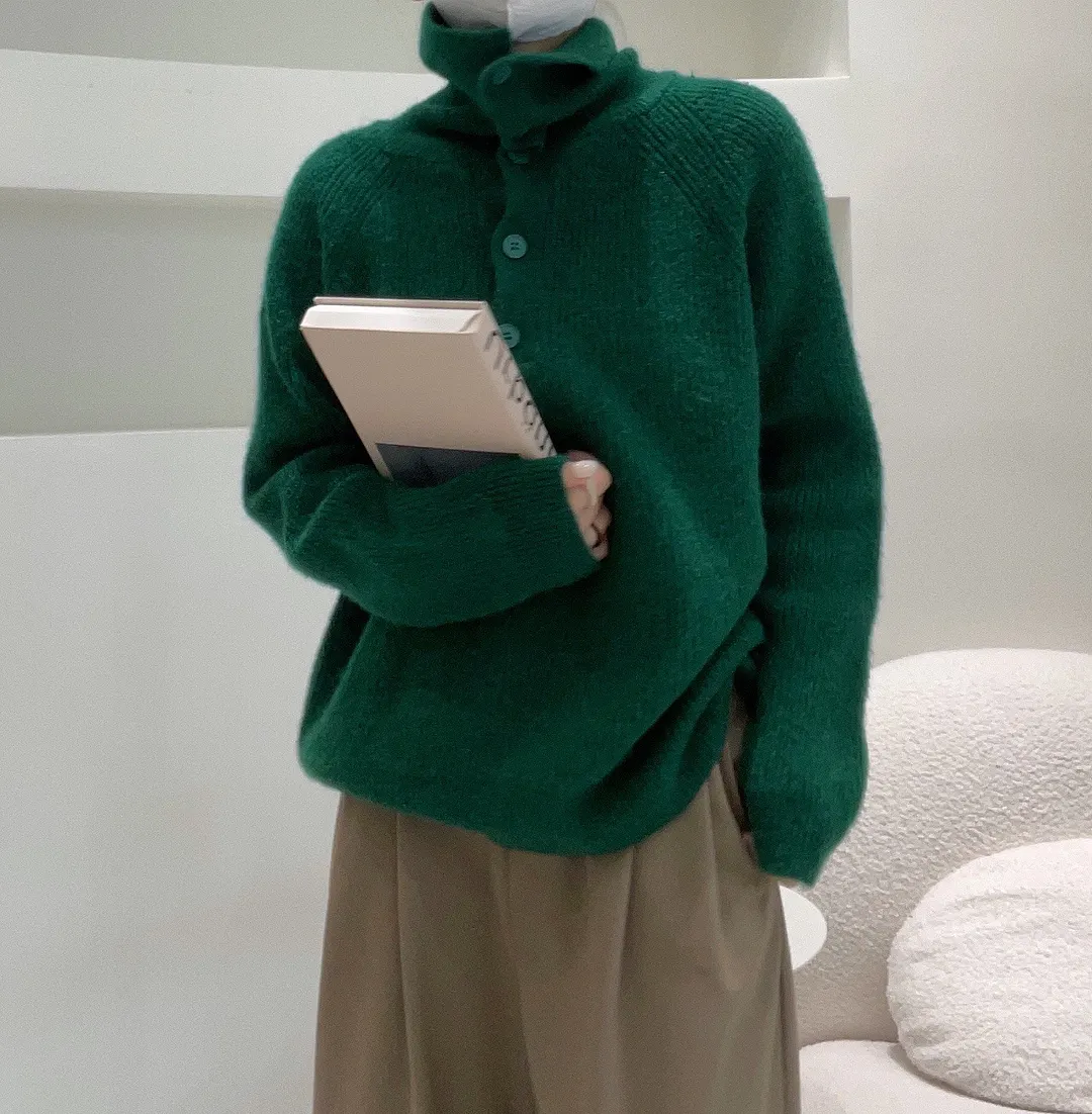 Churchf Churchf Autumn Winter Korean Version Loose Lazy Casual Collar Pure Color Button Design Niche Knit Sweater Woman