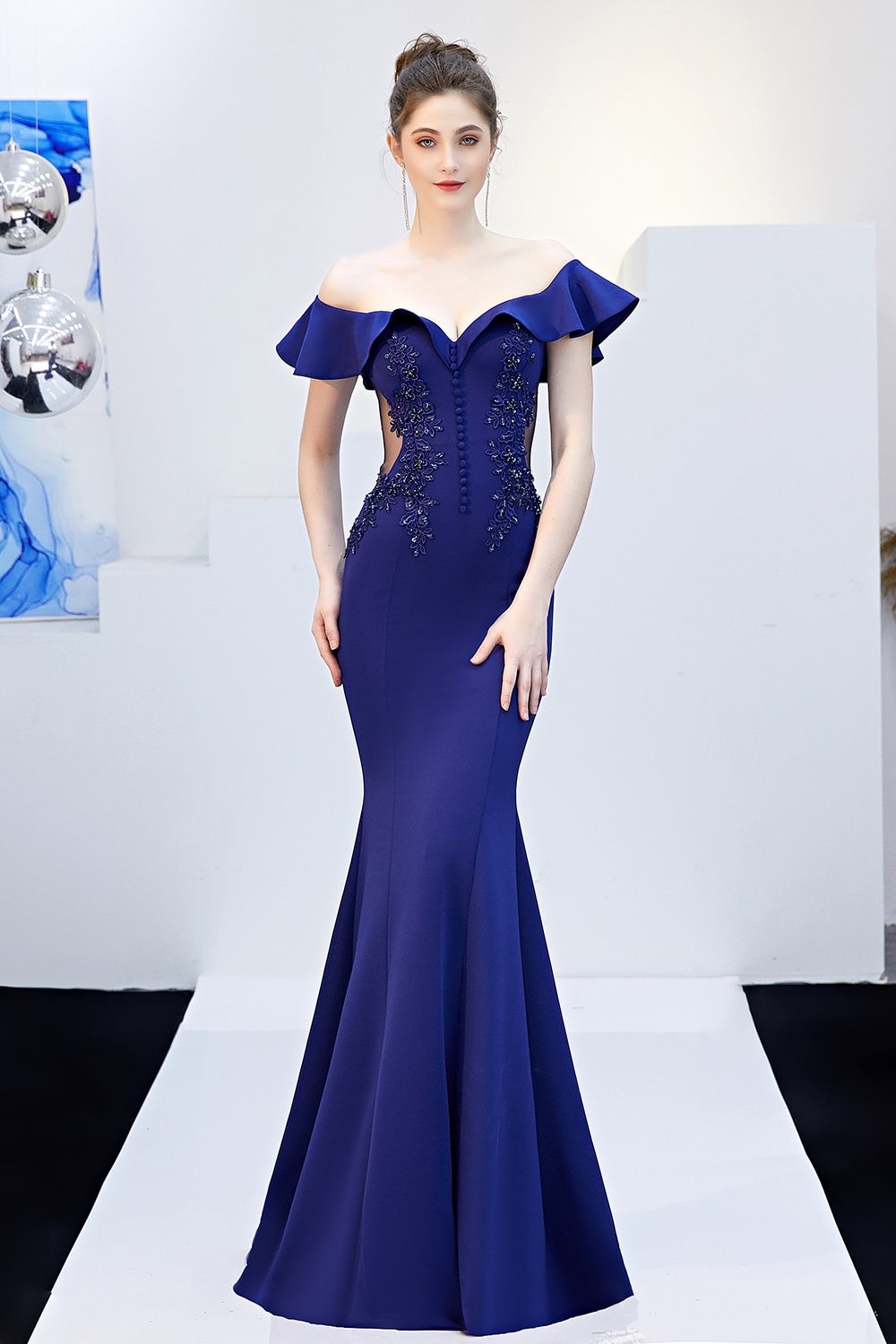 Off-the-Shoulder Appliques Mermaid Prom Dress Long Side Sheer Evening Gowns - lulusllly