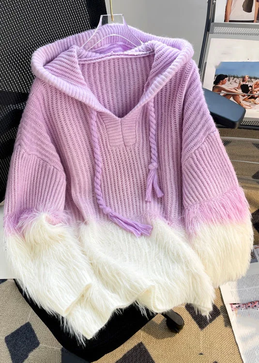 Purple Cozy Patchwork Top Mink Hair Knitted Hooded Long Sleeve