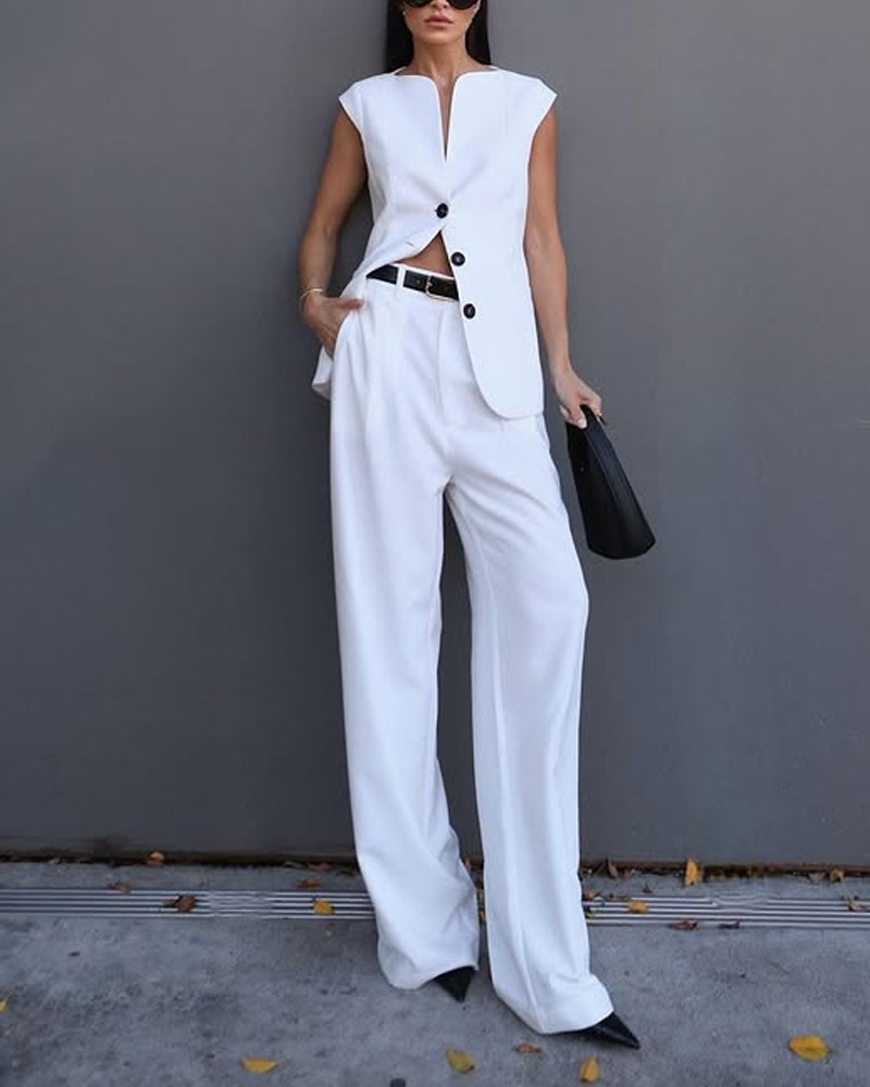 Fashion Commuter Solid Color Top & Pants Two-Piece Set