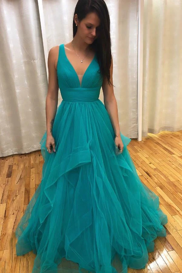 Ovlias Romantic Peacock Blue Wide Shoulder Straps Backless Prom Dress LY0541