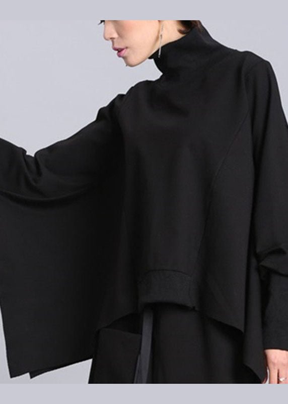 Boutique Black Bat Wing Sleeve Turtleneck Loose Asymmetrical Design Fall Tops CK580- Fabulory