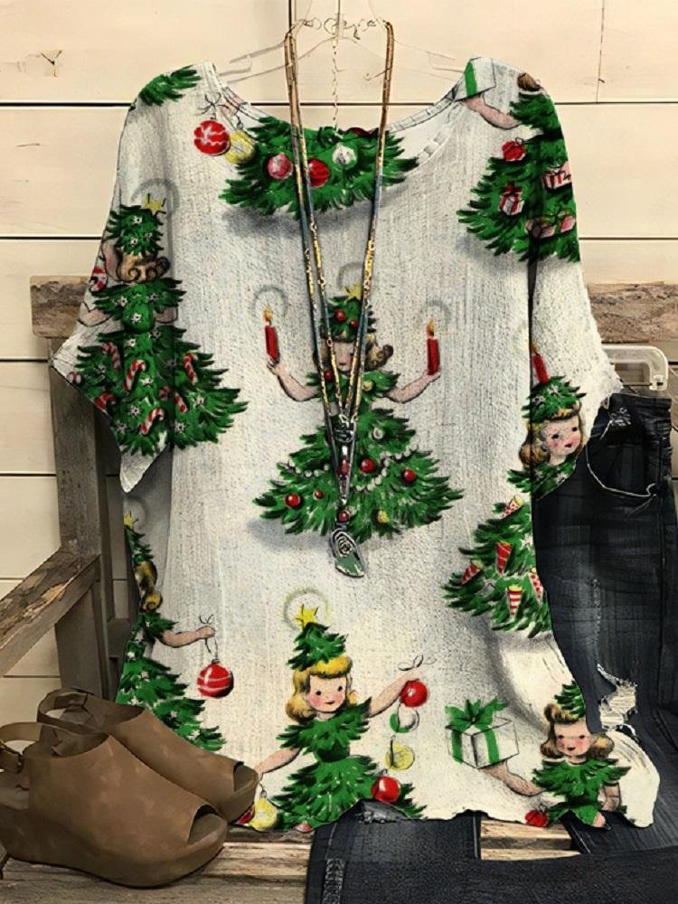 Christmas Tree Girl Round Neck Short Sleeve T-Shirt