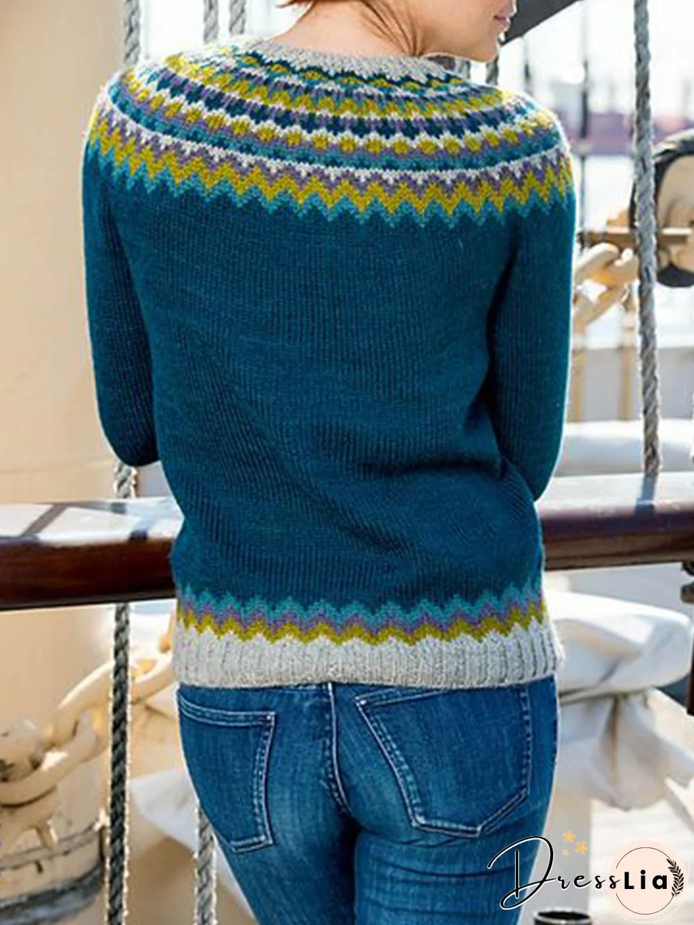 Women Vintage Ethnic Winter Polyester Micro-Elasticity Daily Plus Size Long sleeve Crew Neck Sweater