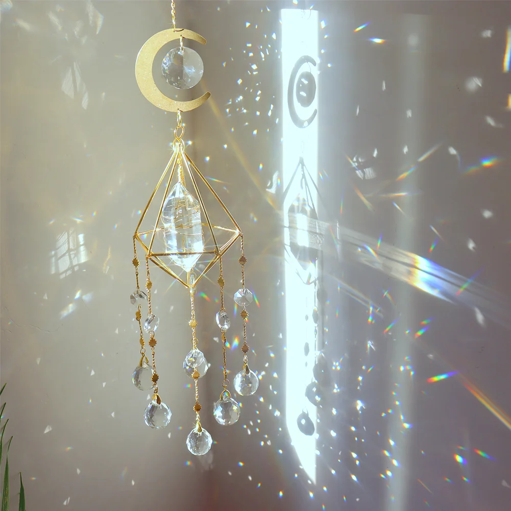 Metal Rainbow Collection Hanging Hexagon Moon Crystal Prisms Wind Chimes
