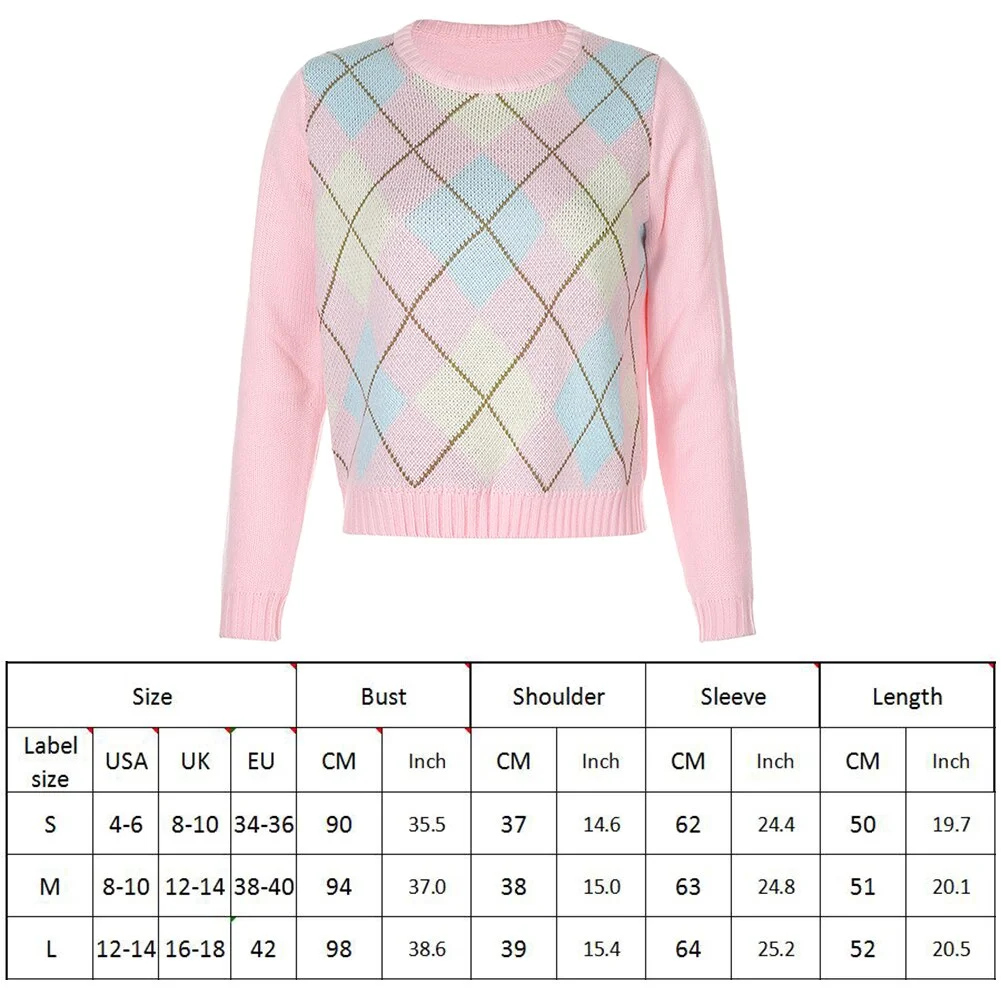 Sweet sweater long sleeve knitted fabric rose clay Casual Loose Autumn Winter Knitted Sweater Women Y2K Argyle Long Sleeve top