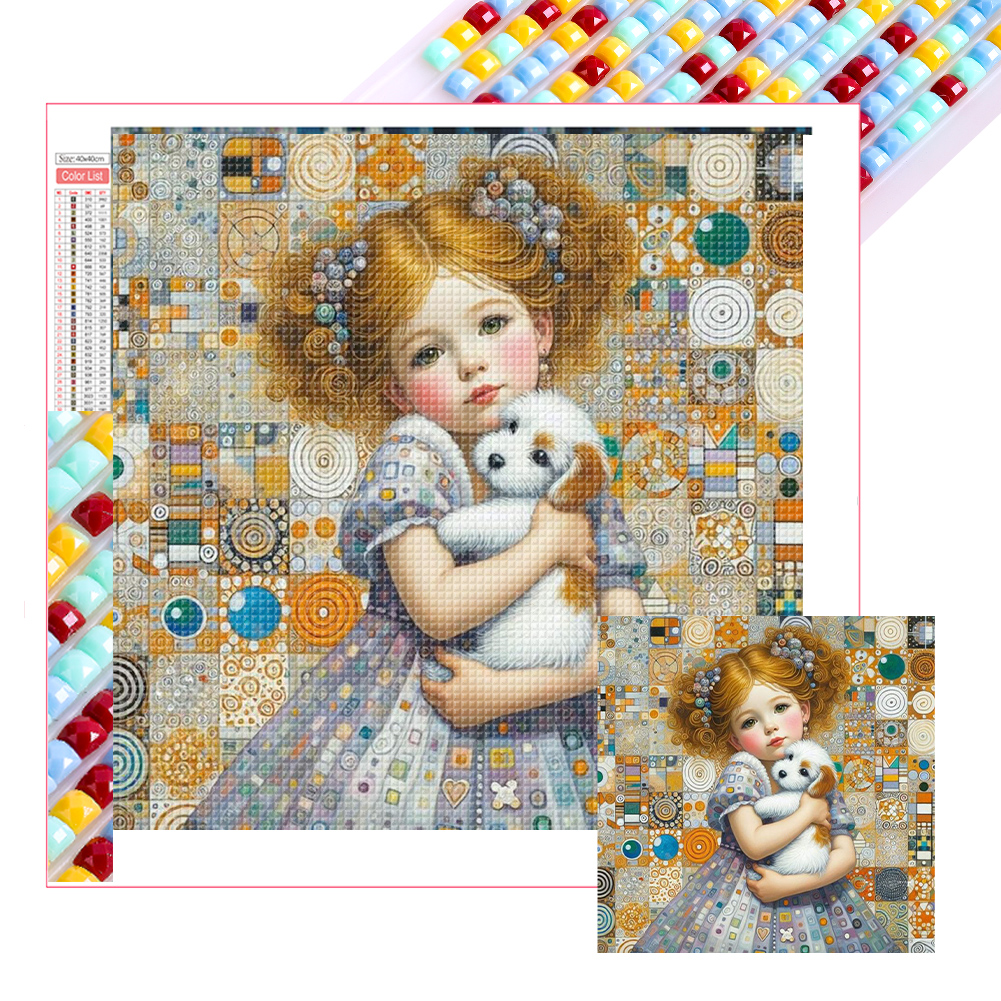 Little Girl Holding A Dog 40*40cm(picture) full square drill diamond painting