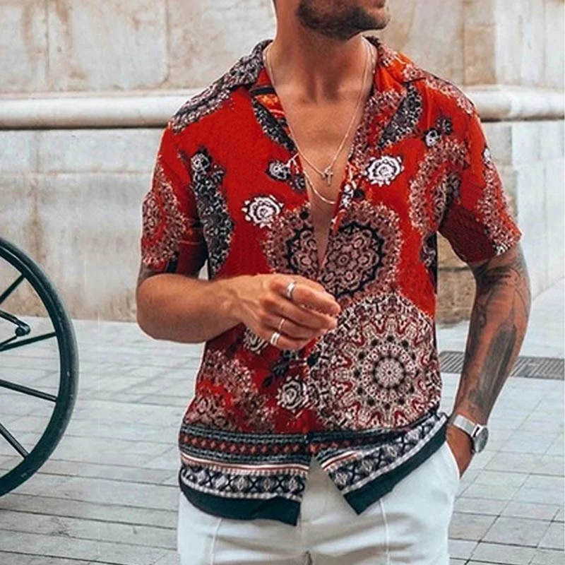 2022 Nation Style Summer Man Shirt  Mens Ethnic Printed Stand Collar Stripe Short Sleeve Loose Hawaiian Henley Casual Shirt CS23