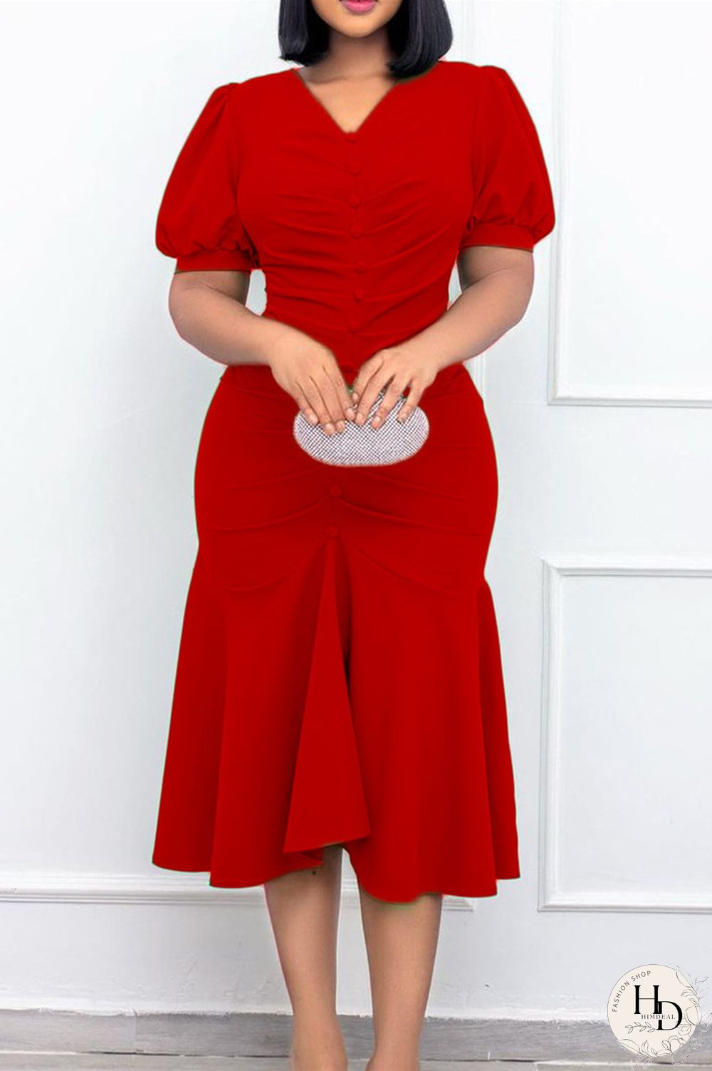 Red Fashion Casual Solid Fold V Neck Pencil Skirt Dresses