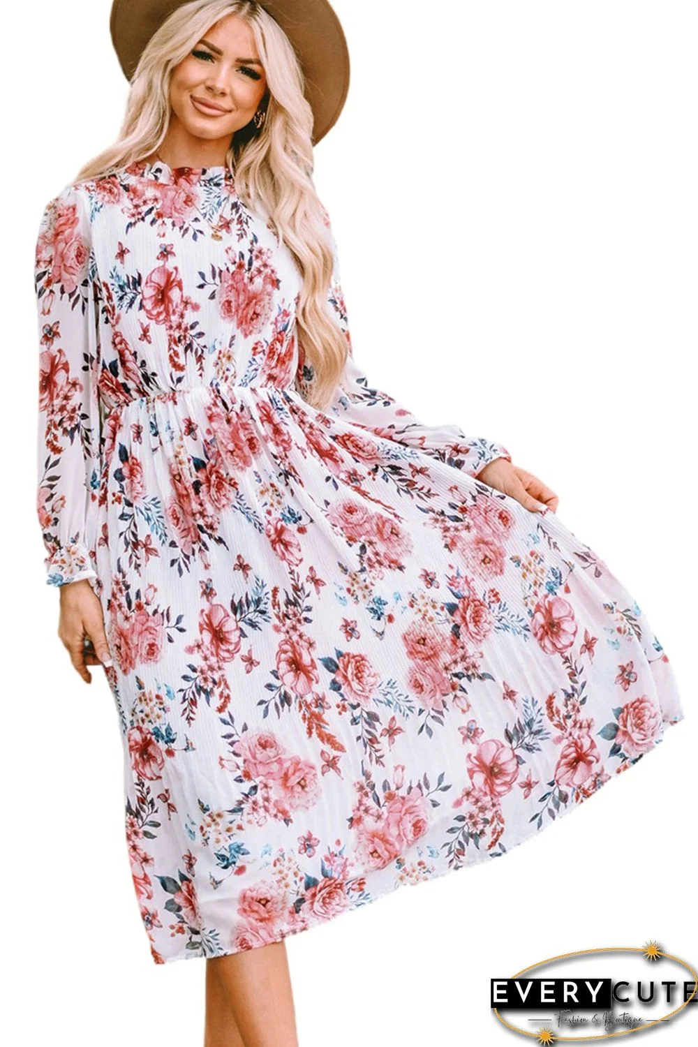 Floral Print Puffy Sleeve Ruffled Midi Dress