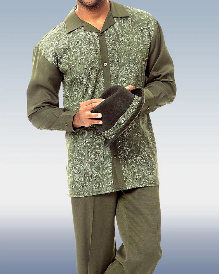 Men's Long Sleeve Trousers Green Cashew Blossom Two-Piece Walking Set 240