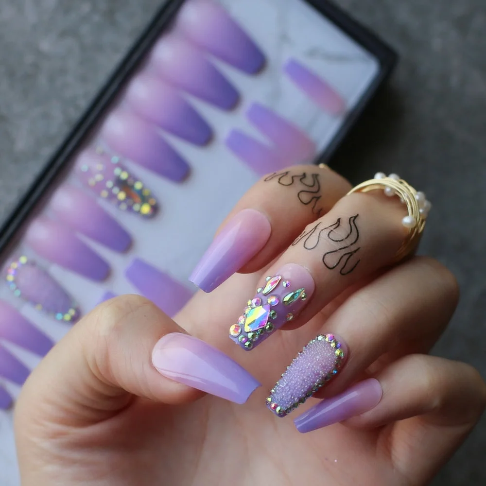Box gift ombre Purple Lavender coffin false nails Crystal design design caviar Shaped drill Trapezoid fake nails Custom logo-Nail Inspo