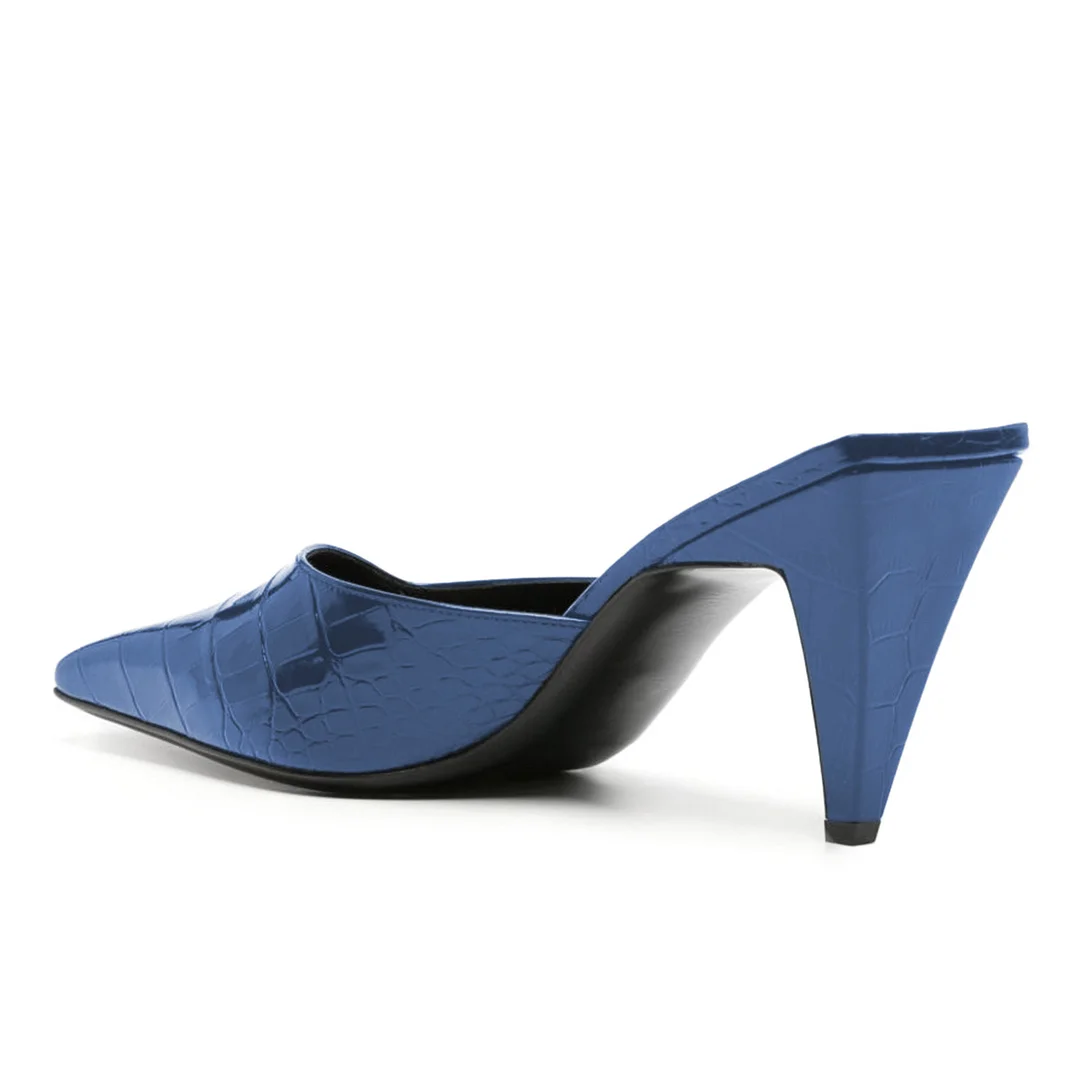 Chic Crocodile Embossed Square Toe Cone Heeled Mules in Blue