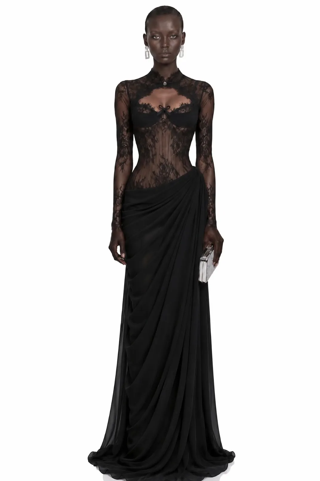 Daisda Luxury Black High Neck Long Sleeves Sweetheart Lace Chiffon Mermaid Prom Dress
