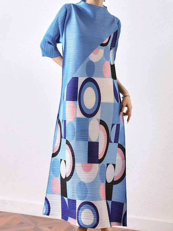 Fashion Loose Geometric Printed Pleated Midi Dress