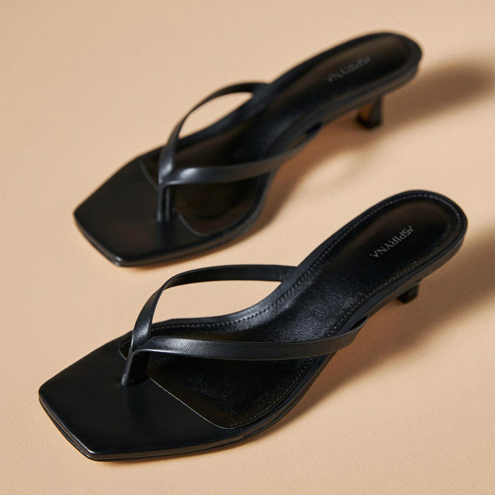 Black Vegan Leather Square Toe Kitten Heel Flip Flop Women Sandals Nicepairs