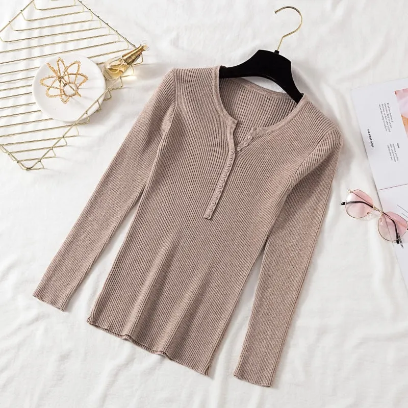 AOSSVIAO 2021 Autumn Winter Button V Neck Sweater Women Basic Slim Pullover Women Sweaters And Pullovers Knit Jumper Ladies Tops