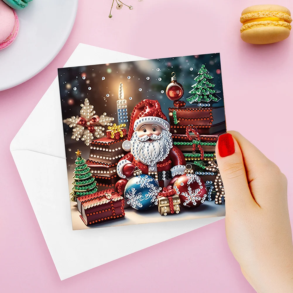 6pcs DIY Christmas Santa Claus DIY Diamond Painting Card for Friends Family Gift【With White Envelope】