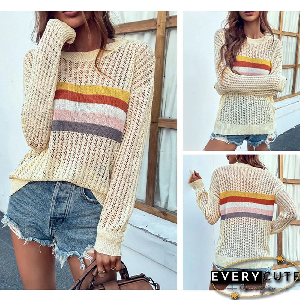 Apricot Hollow-out Rainbow Stripe Knit Sweater
