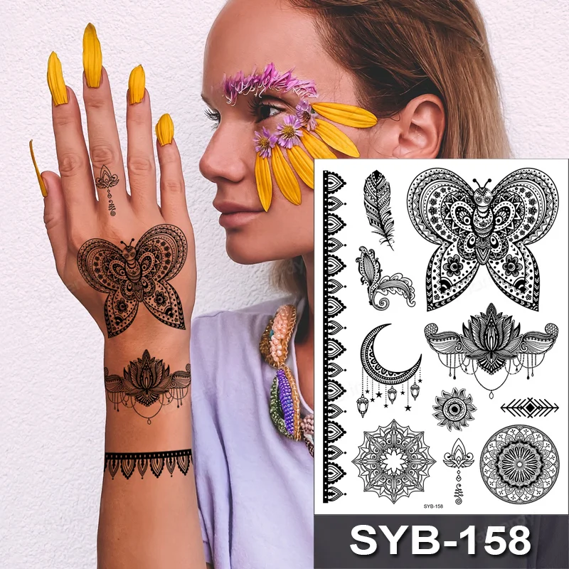 Sdrawing Temporary Tattoo Sticker Henna Mehndi Totem Flash Tatto Butterfly Flower Hand Fingers Body Art Arm Fake Tatoo Women