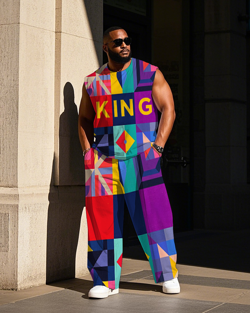 Big Men's Letter KING Kaleidoscope Theme Color Block Printed Outdoor Vest and Pants Set