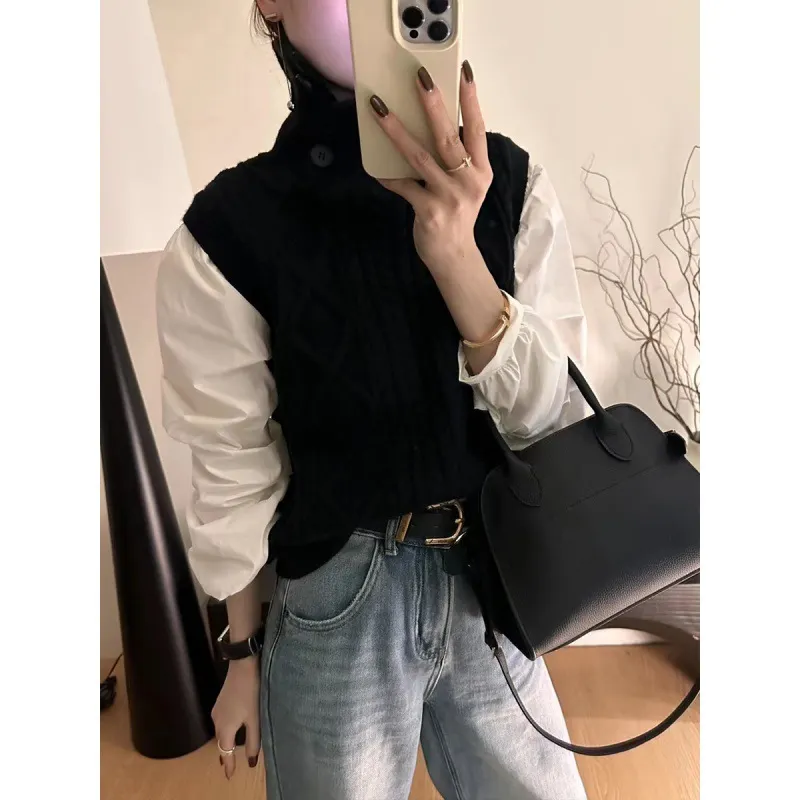 Churchf Churchf 2024 New European Goods Button High-Neck Knit Vest Female Retro Button Pure Color Rhomenge Vest Tide